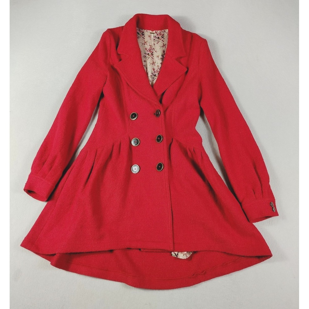 Free People Coat Womens Small Red Wool Blend Pleated Fit Flare Lined Classic